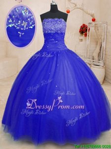 Glittering Royal Blue Lace Up Strapless Beading Quince Ball Gowns Tulle Sleeveless