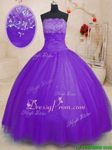 Sweet Ball Gowns Quinceanera Dress Purple Strapless Tulle Sleeveless Floor Length Lace Up