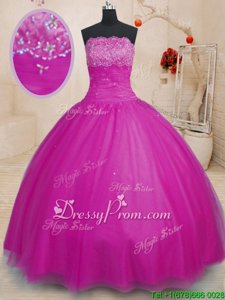 On Sale Sleeveless Floor Length Beading Lace Up Sweet 16 Quinceanera Dress with Fuchsia