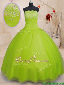 Yellow Green Sleeveless Floor Length Beading Lace Up Ball Gown Prom Dress