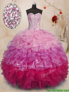 Sleeveless Beading and Ruffles Lace Up Quince Ball Gowns