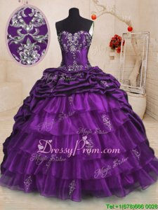 Glorious Purple Sleeveless With Train Beading and Appliques and Ruffled Layers and Pick Ups Lace Up 15th Birthday Dress