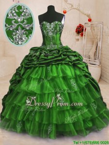 Flirting Sweetheart Sleeveless Quinceanera Dress With Train Sweep Train Beading and Appliques and Ruffled Layers and Pick Ups Spring Green Organza and Taffeta
