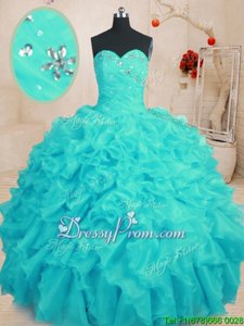 Ideal Aqua Blue Ball Gowns Sweetheart Sleeveless Organza Floor Length Lace Up Beading and Ruffles Quinceanera Gown