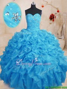 Wonderful Baby Blue Organza Lace Up 15 Quinceanera Dress Sleeveless Floor Length Beading and Ruffles