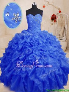 Artistic Royal Blue Lace Up Sweetheart Beading and Ruffles Sweet 16 Dress Organza Sleeveless