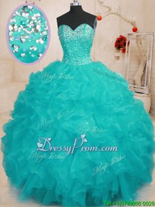 Dazzling Aqua Blue Sleeveless Organza Lace Up Sweet 16 Dresses forMilitary Ball and Sweet 16 and Quinceanera