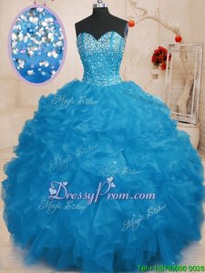 Captivating Blue Sleeveless Beading and Ruffles Floor Length Sweet 16 Dress