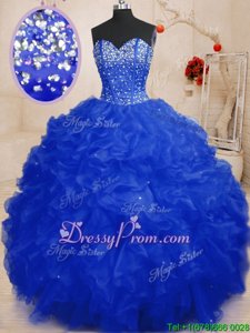 Eye-catching Royal Blue Lace Up Sweetheart Beading and Ruffles Vestidos de Quinceanera Organza Sleeveless