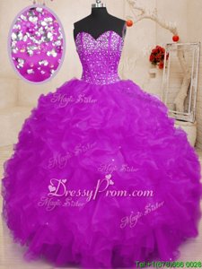Best Floor Length Purple Quinceanera Gown Organza Sleeveless Spring and Summer and Fall and Winter Beading