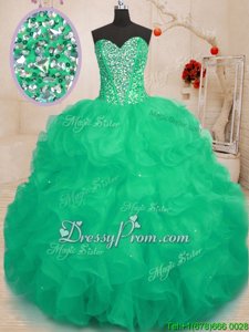 Superior Floor Length Lace Up Quinceanera Dress Green and In forMilitary Ball and Sweet 16 and Quinceanera withBeading and Ruffles