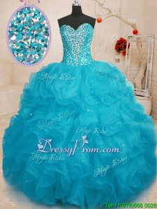 Exceptional Aqua Blue Ball Gowns Organza Sweetheart Sleeveless Beading Floor Length Lace Up 15 Quinceanera Dress