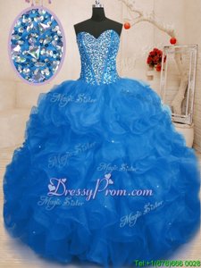 High Class Sleeveless Organza Floor Length Lace Up Sweet 16 Dress inBlue forSpring and Summer and Fall and Winter withBeading and Ruffles