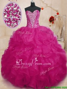 Sexy Fuchsia Sweetheart Lace Up Beading and Ruffles Ball Gown Prom Dress Sleeveless