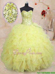 Simple Light Yellow Sweetheart Lace Up Beading and Ruffles Quinceanera Dress Sleeveless