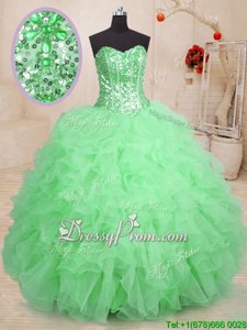 Fantastic Green Organza Lace Up 15th Birthday Dress Sleeveless Floor Length Beading and Ruffles