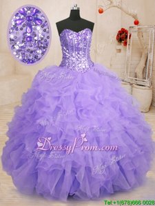 Inexpensive Lavender Lace Up Quinceanera Gown Beading and Ruffles Sleeveless Floor Length