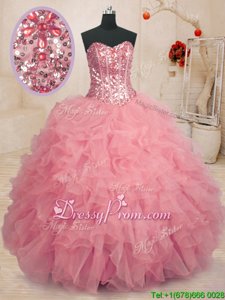 Custom Fit Baby Pink Sleeveless Beading and Ruffles Floor Length Ball Gown Prom Dress