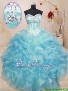 Clearance Aqua Blue Ball Gowns Sweetheart Sleeveless Organza Floor Length Lace Up Beading and Ruffles Ball Gown Prom Dress