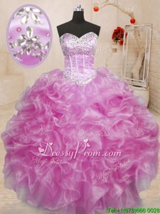 Fitting Sweetheart Sleeveless Organza Ball Gown Prom Dress Beading and Ruffles Lace Up