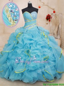 Best Baby Blue Organza Lace Up Sweetheart Sleeveless With Train Quinceanera Gown Brush Train Beading and Ruffles