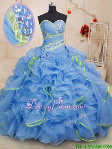 Dramatic Organza Sweetheart Sleeveless Brush Train Lace Up Beading and Ruffles Quinceanera Dress inLight Blue