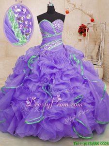 Custom Designed Sweetheart Sleeveless Sweet 16 Dress With Brush Train Beading and Ruffles Lavender Organza