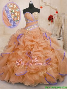 Custom Made Orange Sleeveless Organza Brush Train Lace Up Quinceanera Gown forMilitary Ball and Sweet 16 and Quinceanera