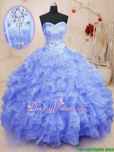 Stunning Purple Ball Gowns Organza Sweetheart Sleeveless Beading and Ruffles Floor Length Lace Up Quinceanera Gowns