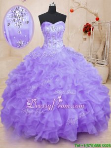Discount Sweetheart Sleeveless 15 Quinceanera Dress Floor Length Beading and Ruffles Lavender Organza