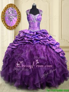 Low Price Beading and Ruffles and Pick Ups Quince Ball Gowns Purple Lace Up Cap Sleeves With Brush Train
