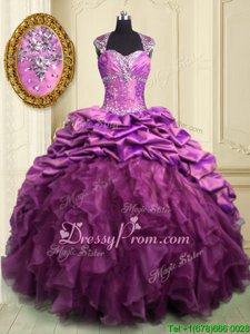 Stylish Lilac Sweetheart Lace Up Beading and Ruffles and Ruffled Layers and Pick Ups Quinceanera Gowns Brush Train Cap Sleeves