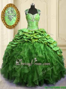 Pretty Spring Green Ball Gowns Sweetheart Cap Sleeves Organza and Taffeta Floor Length Brush Train Lace Up Beading and Ruffles and Pick Ups Sweet 16 Dress