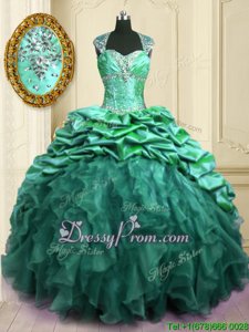 Cute Turquoise Lace Up Sweetheart Beading and Ruffles and Pick Ups Quinceanera Dress Organza and Taffeta Cap Sleeves Brush Train