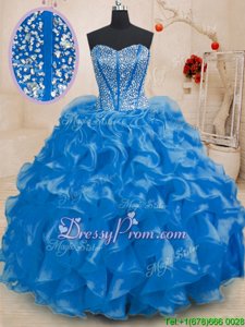 Affordable Sleeveless Organza Floor Length Lace Up Sweet 16 Dresses inRoyal Blue forSpring and Summer and Fall and Winter withBeading and Ruffles