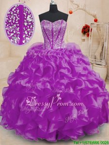 Traditional Purple Ball Gowns Sweetheart Sleeveless Organza Floor Length Lace Up Beading and Ruffles Quinceanera Dresses