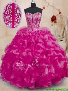 Exquisite Beading and Ruffles Quince Ball Gowns Fuchsia Lace Up Sleeveless Floor Length