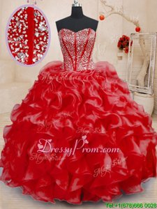 Sophisticated Red Lace Up Sweetheart Beading and Ruffles Quinceanera Dresses Organza Sleeveless