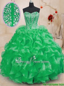 Decent Spring Green Ball Gown Prom Dress Military Ball and Sweet 16 and Quinceanera and For withBeading and Ruffles Sweetheart Sleeveless Lace Up