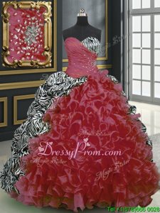Chic Multi-color Organza and Printed Lace Up Sweetheart Sleeveless With Train Sweet 16 Dress Brush Train Beading and Ruffles and Pattern