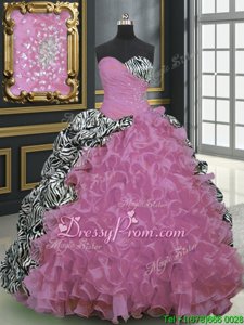 Ideal Multi-color Lace Up Quinceanera Gowns Beading and Ruffles and Pattern Sleeveless With Brush Train