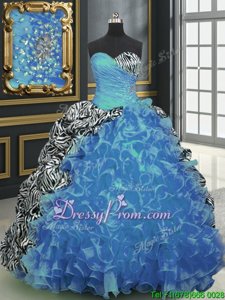 Delicate With Train Lace Up Quinceanera Dress Multi-color and In forMilitary Ball and Sweet 16 and Quinceanera withBeading and Ruffles and Pattern Brush Train