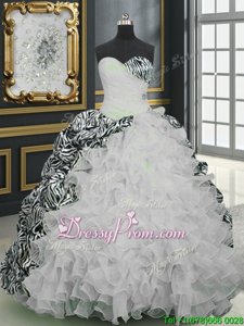 Colorful Sleeveless Organza and Printed With Brush Train Lace Up Quinceanera Gown inWhite And Black forSpring and Summer and Fall and Winter withBeading and Ruffles and Pattern
