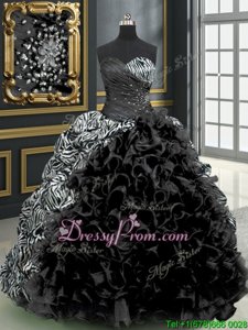 Sophisticated Black Ball Gowns Beading and Ruffles and Pattern 15 Quinceanera Dress Lace Up Organza and Printed Sleeveless With Train
