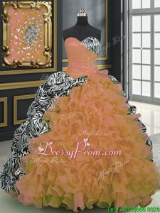 Stunning Multi-color Ball Gowns Beading and Ruffles and Pattern Vestidos de Quinceanera Lace Up Organza and Printed Sleeveless With Train