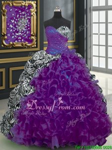 Hot Selling With Train Lace Up 15th Birthday Dress Multi-color and In forMilitary Ball and Sweet 16 and Quinceanera withBeading and Ruffles and Pattern Brush Train