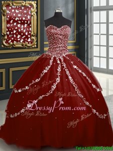 Great Sleeveless Tulle With Brush Train Lace Up Ball Gown Prom Dress inBurgundy forSpring and Summer and Fall and Winter withBeading and Appliques