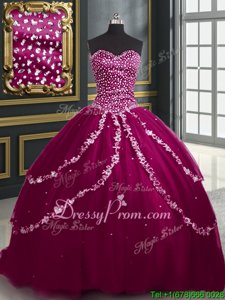 Fancy With Train Lace Up Quinceanera Dress Burgundy and Fuchsia and In forMilitary Ball and Sweet 16 and Quinceanera withBeading and Appliques Brush Train