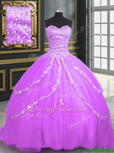 New Arrival Lilac Sleeveless Brush Train Beading and Appliques With Train Sweet 16 Quinceanera Dress