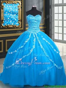 New Style Aqua Blue Sweetheart Lace Up Beading and Appliques Quinceanera Gowns Brush Train Sleeveless